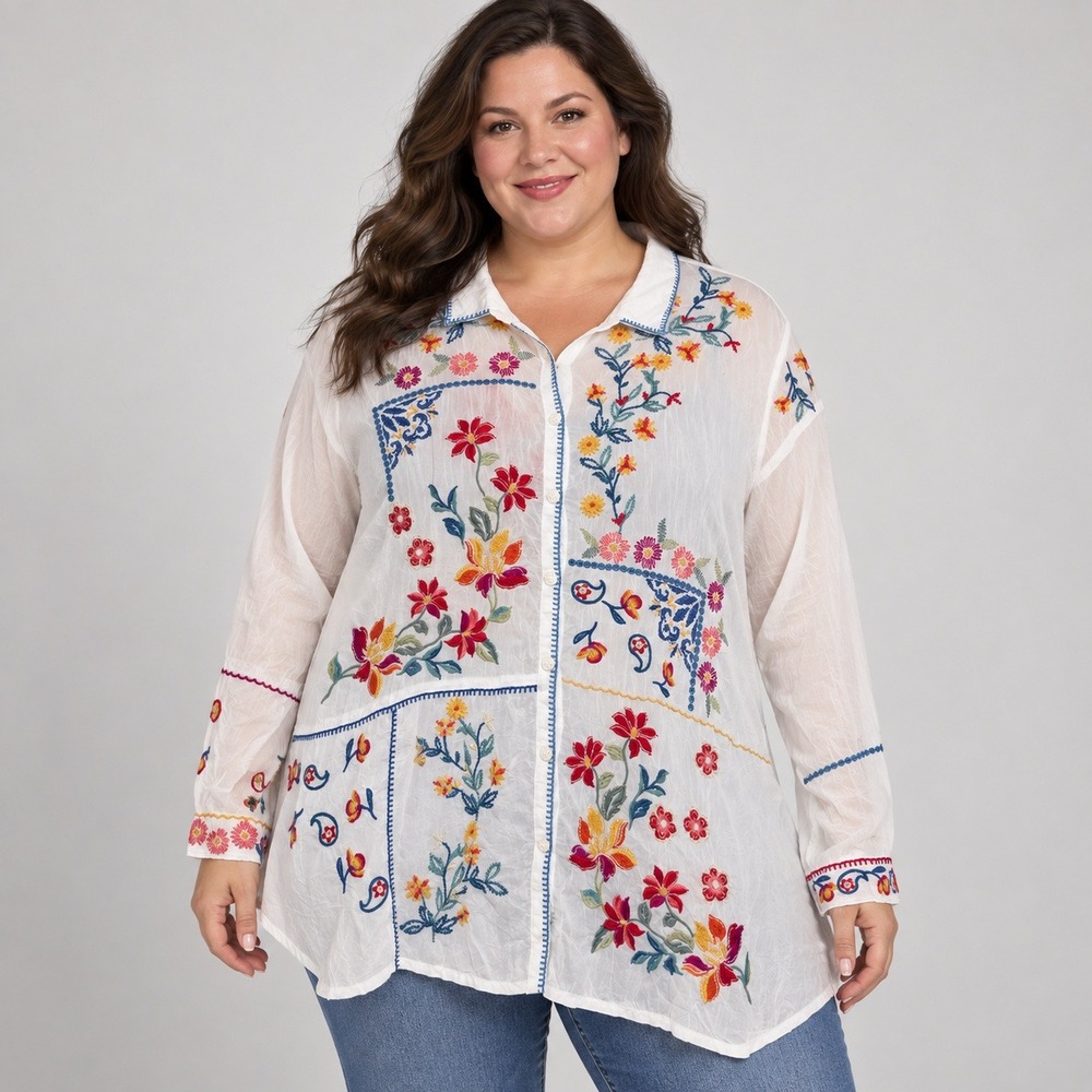 Johnny Was Button Down Shirt Floral Embroidered White Cupra Rayon Boho 1X